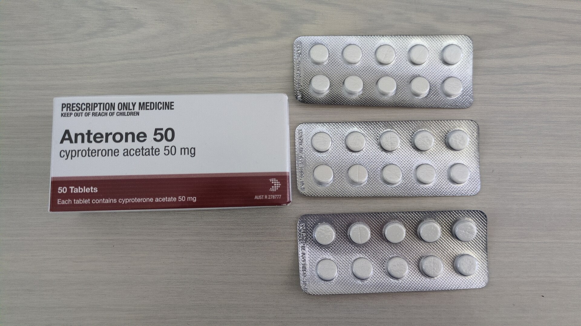 Anterone (cyproterone acetate) tablets in Australia, with three blister packs.